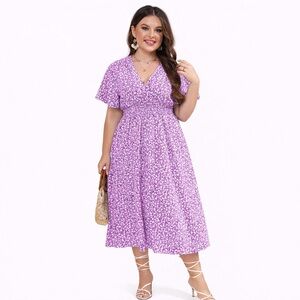 SHEIN Cottagecore Stylish Casual Chic Lavender Plus Sz Floral Midi Dress Sz 3XL